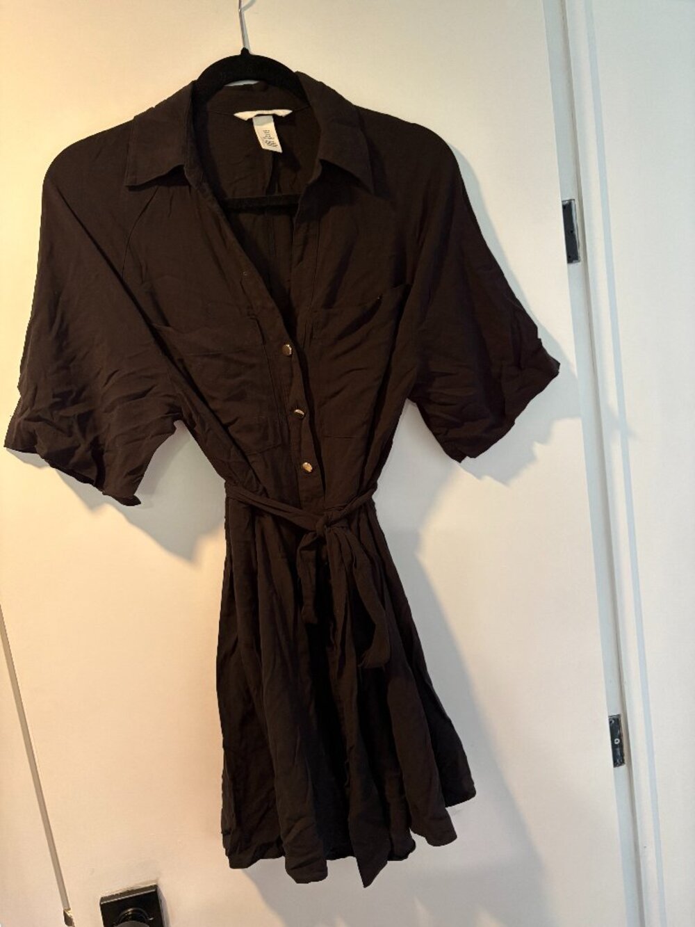 H&M Black Button Front Shirt Dress Gold Buttons Short Sleeve Mini M